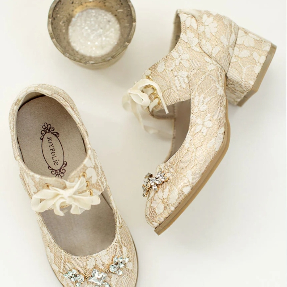 Joyfolie Cream Lace Kids Heels with Floral Accents